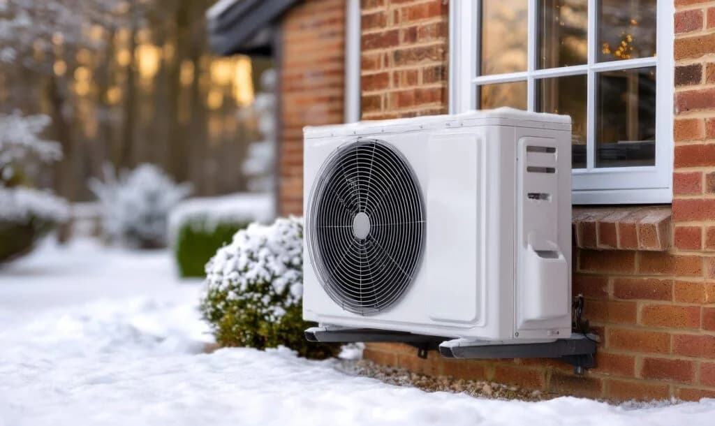 Heat pump unit beside brick home in winter