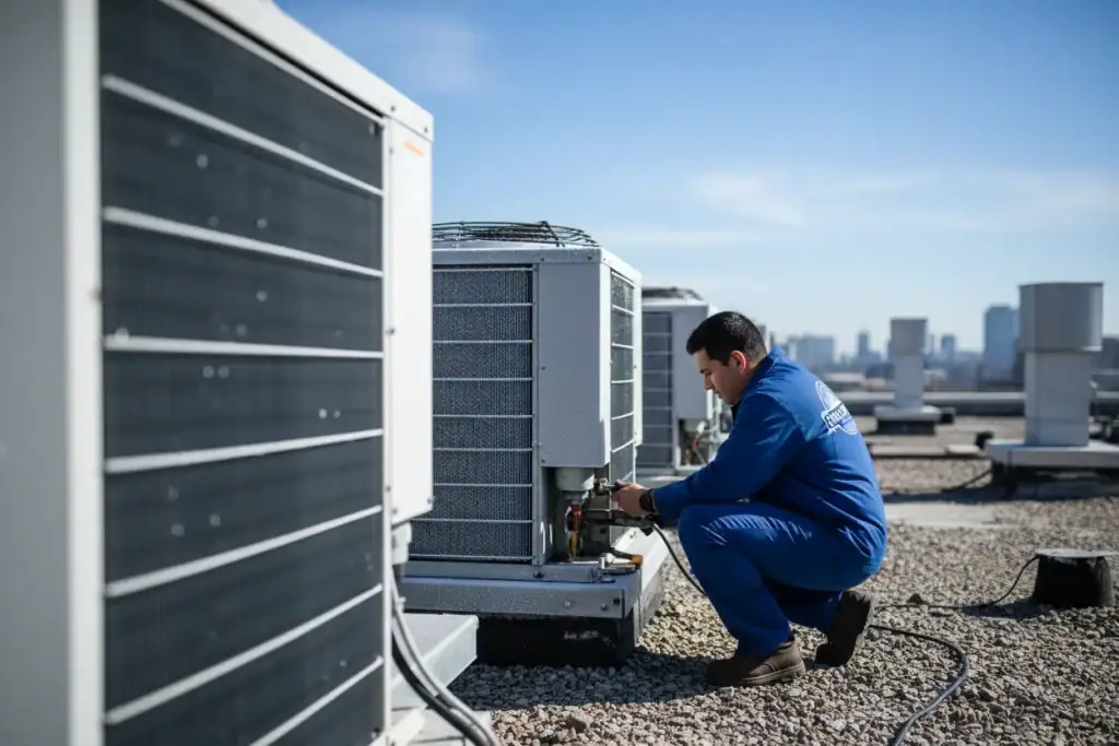 Professional HVAC technician servicing rooftop air conditioning unit in Queens Brooklyn NYC